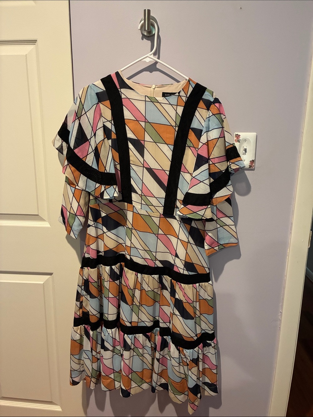 Multicolor Geometric Tiered Dress with Black Trim - Picture 1 of 3